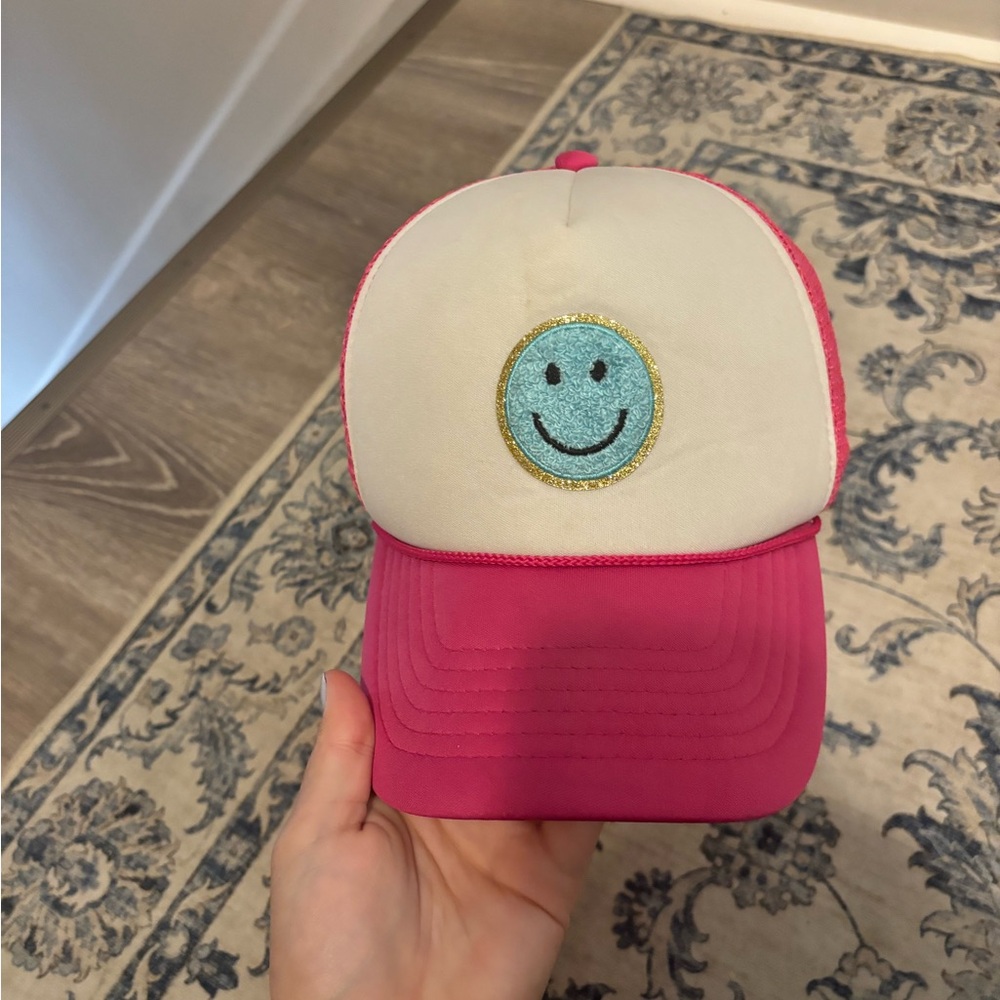 Pink and White Kids Cap with Smiley Face